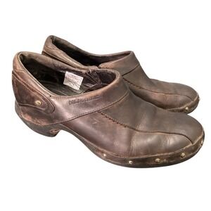 Merrell Luxe Espresso Brown Leather Studded Platform Clogs Womens 9 Gorp Granola